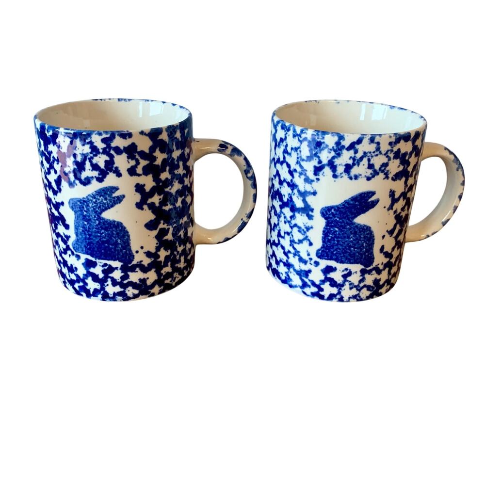 Vintage Gibson Bunny Rabbit Mugs Cobalt Blue Spongeware Ceramic Set of 2 Easter